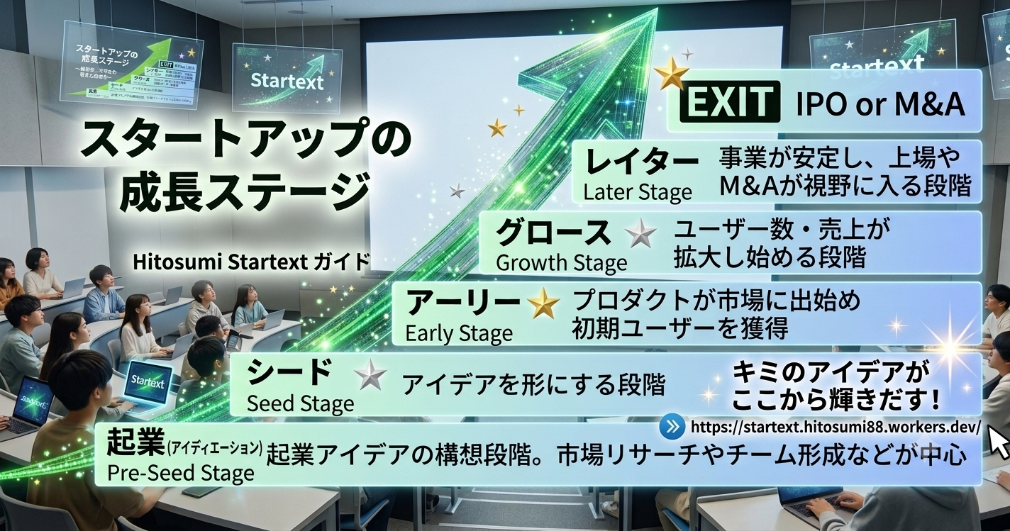 スタートアップの成長ステージ図：起業(アイディエーション)からシード、アーリー、グロース、レイター、EXITまでの各段階